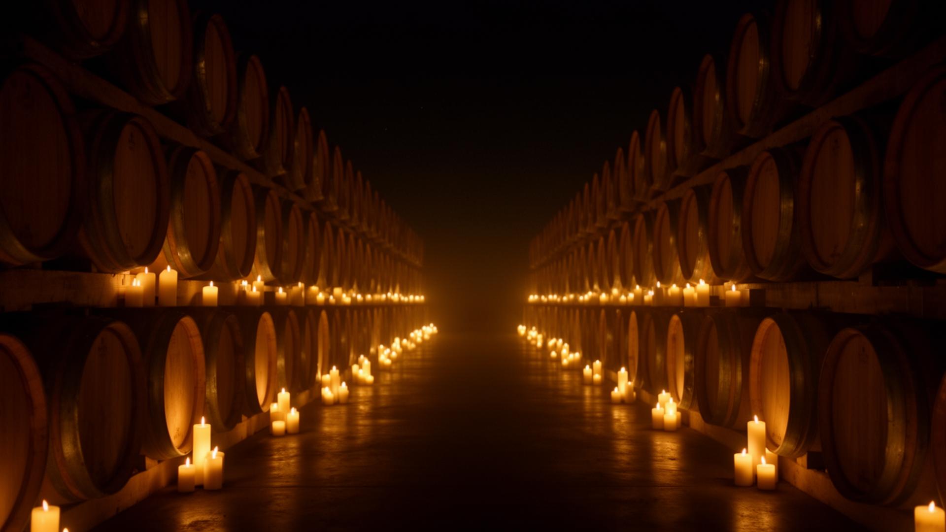 A candlelit barrel room at night, hundreds of candles lining the floor between rows of oak barrels