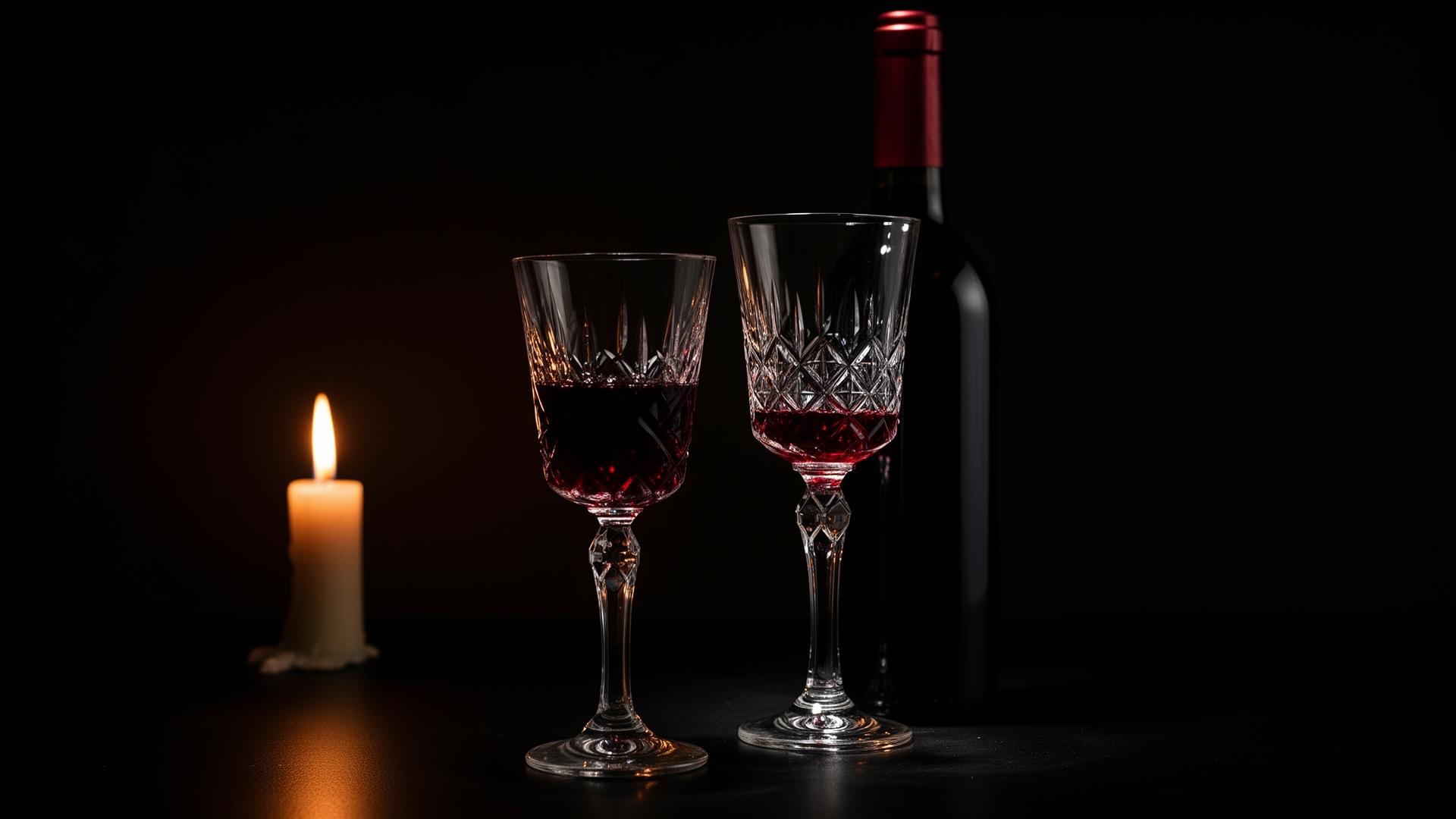 Dark moody still life of a wine bottle and two crystal glasses by candlelight