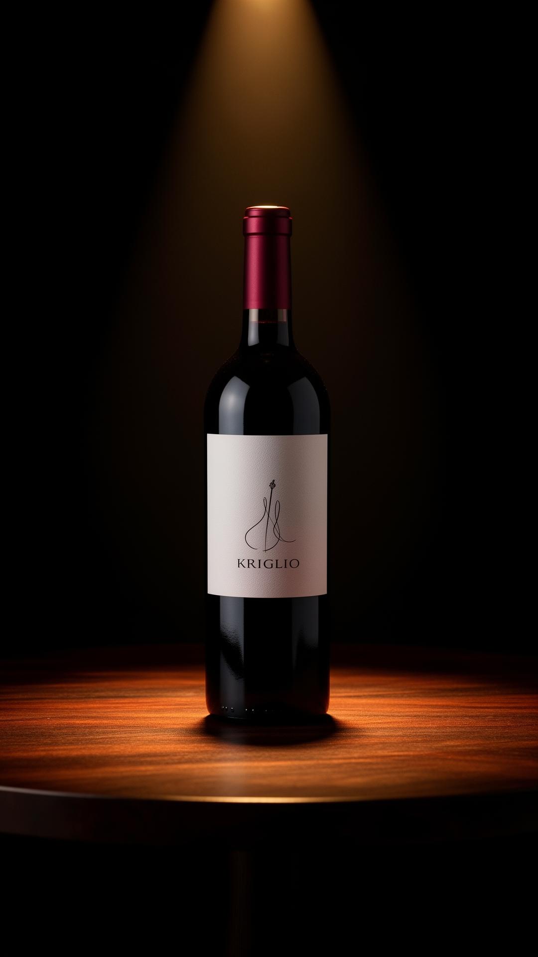 A finished bottle of wine on a dark wood table under a single warm spotlight
