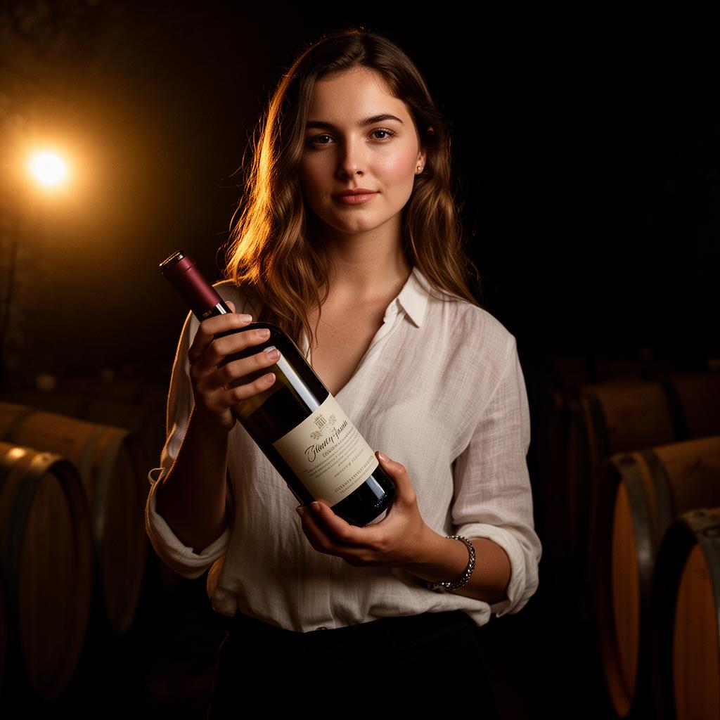 Editorial portrait of a young woman winemaker holding her own bottle in a dark cellar