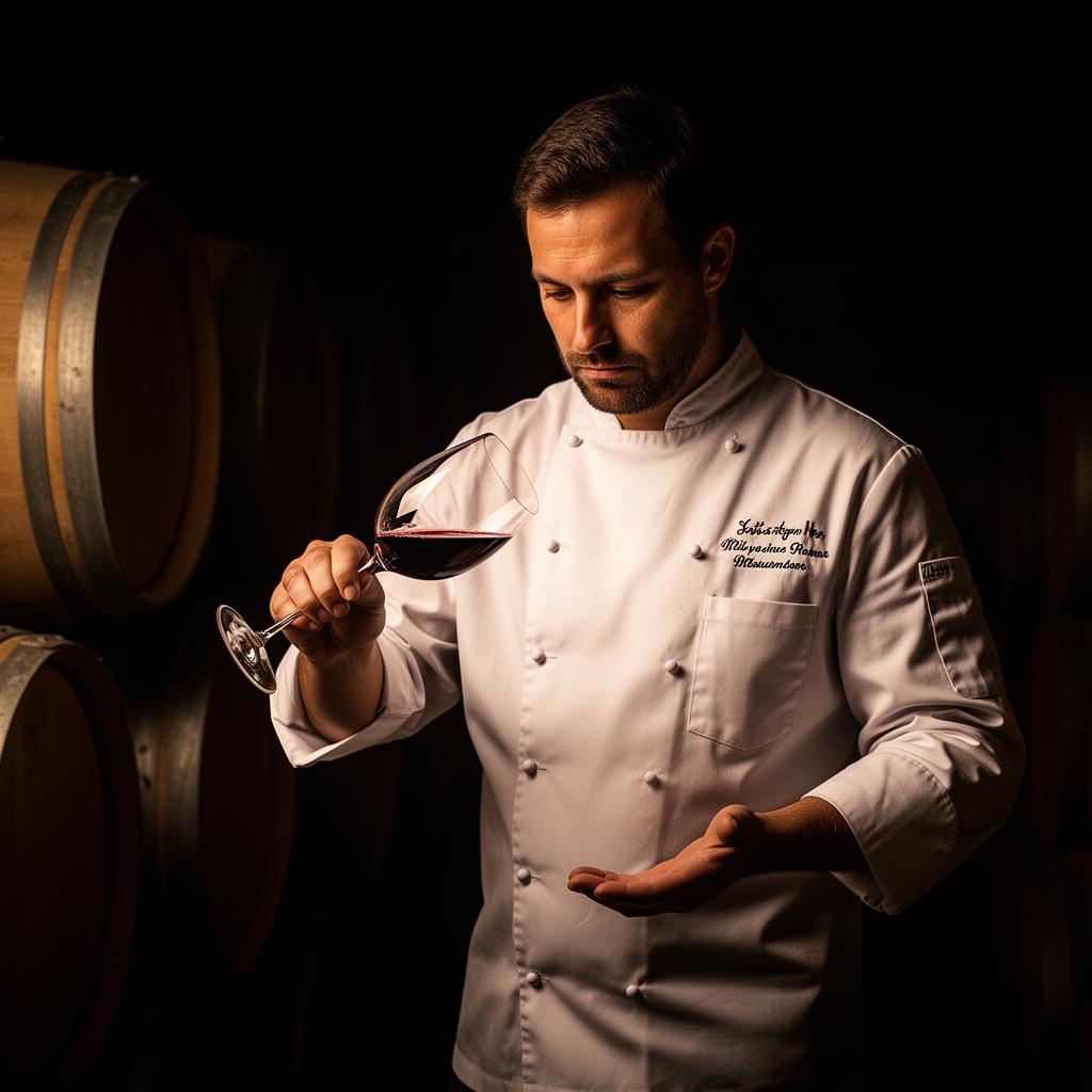 Editorial portrait of a chef turned winemaker tasting red wine in a dark cellar