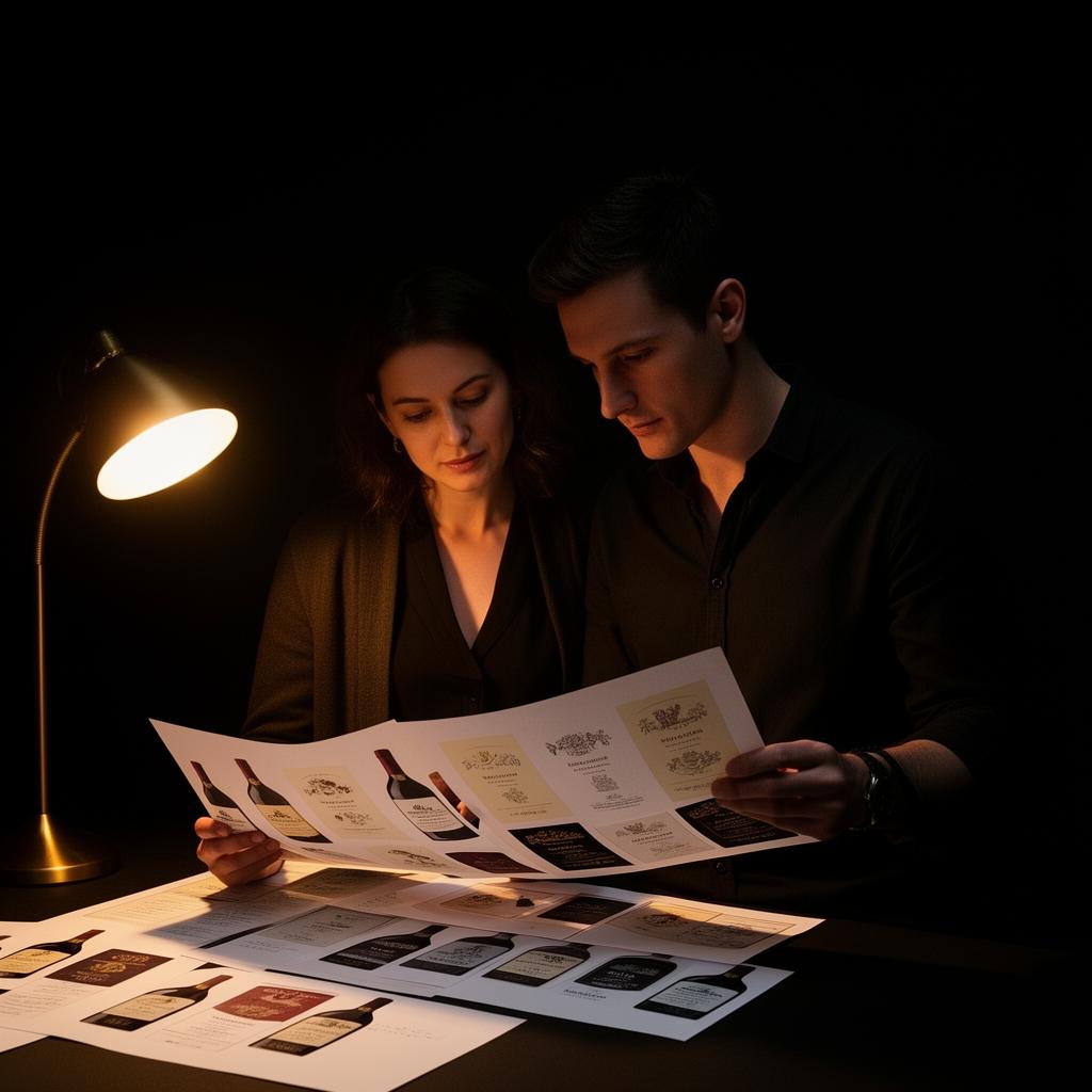 Designers examining label proofs under a lamp in a dark studio
