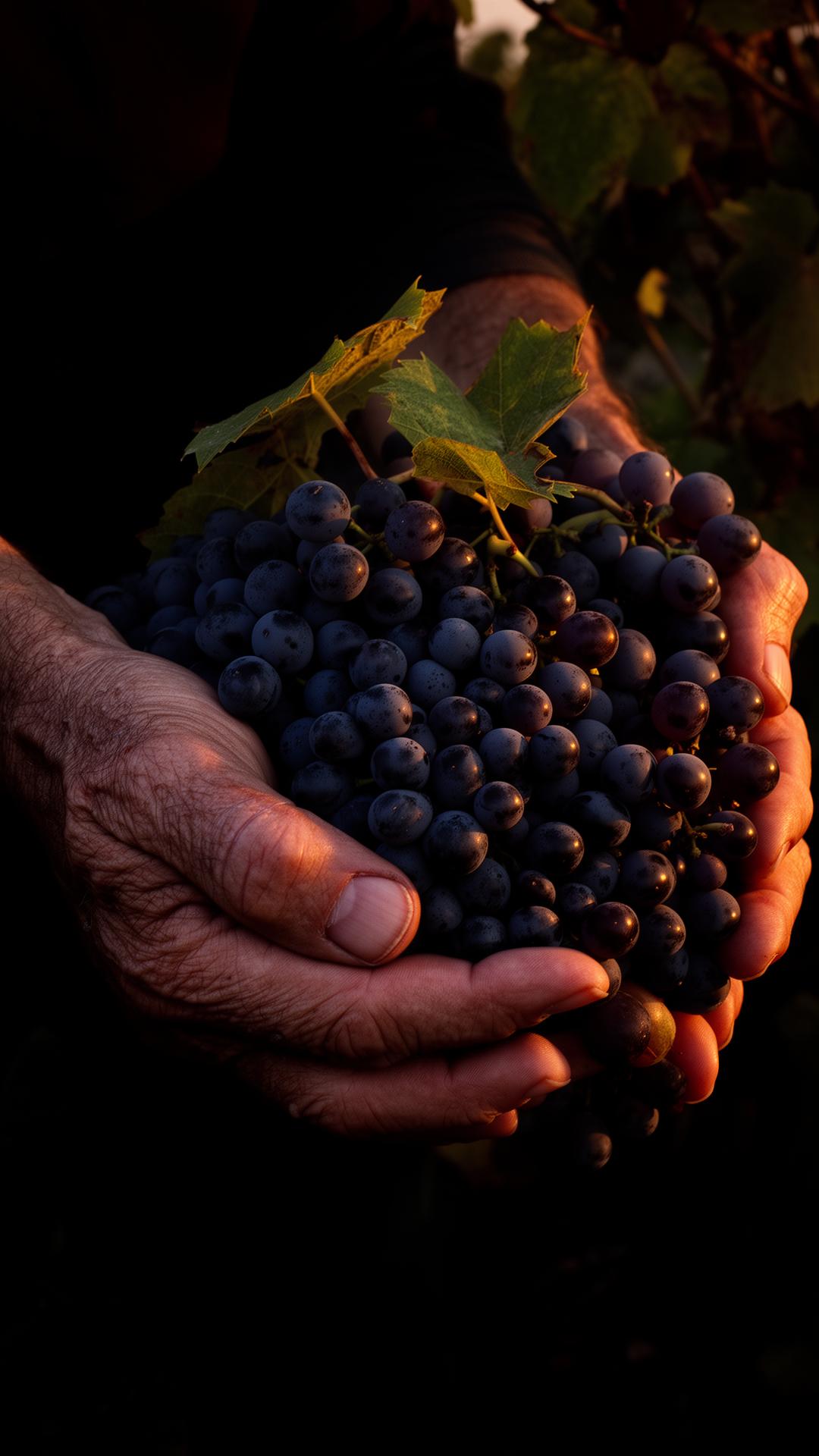 Weathered hands cradling freshly picked dark wine grapes at dawn