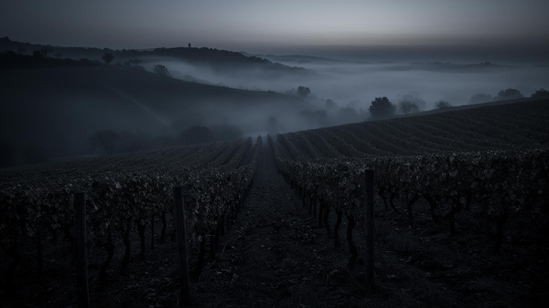 Misty hillside vineyard rows at dawn, fog rolling through the vines in near monochrome blue gray