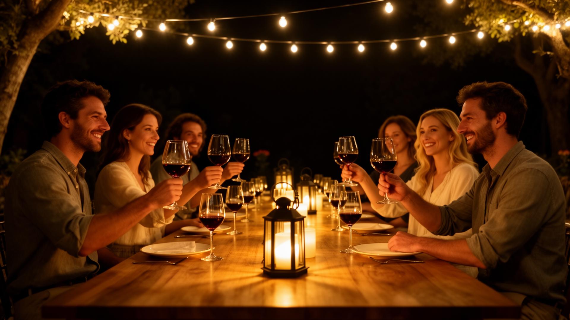 A candlelit table of friends raising glasses of red wine